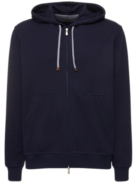 Brunello Cucinelli: Cotton blend zipped hoodie - Blue - men_0 | Luisa Via Roma