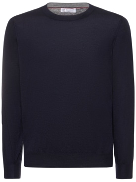 Brunello Cucinelli: Wool cashmere crewneck sweater - Navy - men_0 | Luisa Via Roma