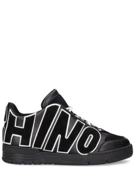 Moschino: Logo leather mid top sneakers - Black/White - men_0 | Luisa Via Roma