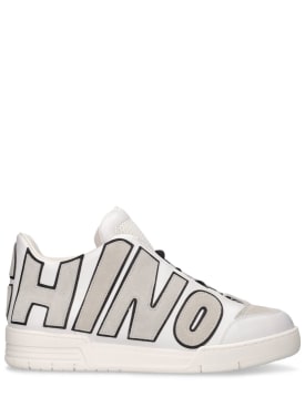 Moschino: Logo leather mid top sneakers - White/Beige - men_0 | Luisa Via Roma