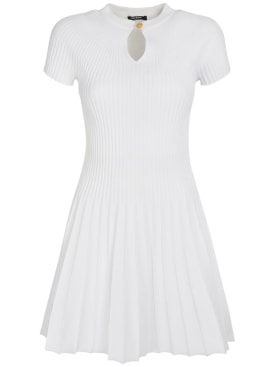Balmain: 打褶针织短袖迷你连衣裙 - 白色 - women_0 | Luisa Via Roma