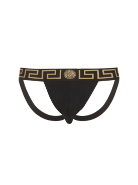 Versace Underwear: Slip ajouré en jersey stretch à logo - Noir/Or - men_0 | Luisa Via Roma