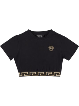Versace: Embroidered cotton jersey t-shirt - Black/Gold - kids-girls_0 | Luisa Via Roma
