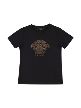 Versace: T-shirt Medusa in jersey di cotone con cristalli - Nero/Oro - kids-girls_0 | Luisa Via Roma
