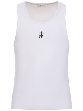 JW Anderson: Logo embroidery stretch cotton tank top - White - men_0 | Luisa Via Roma