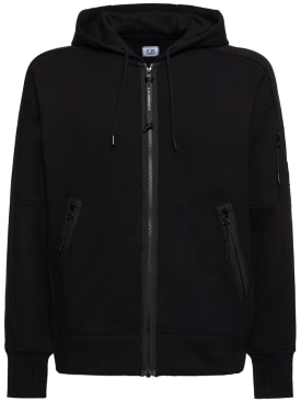C.P. Company: Diagonal raised fleece zipped hoodie - Black - men_0 | Luisa Via Roma