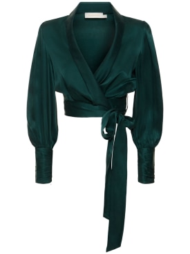 Zimmermann: Silk satin wrap top - Green - women_0 | Luisa Via Roma