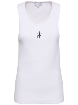 JW Anderson: Logo embroidered ribbed jersey top - White - women_0 | Luisa Via Roma