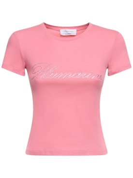 Blumarine: T-shirt in jersey di cotone con logo e cristalli - Rosa - women_0 | Luisa Via Roma