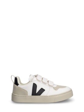 Veja: V-10 coated organic strap sneakers - White/Black - kids-girls_0 | Luisa Via Roma