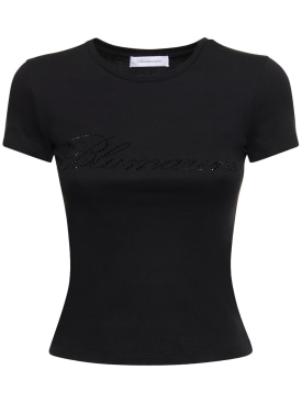 Blumarine: T-shirt in jersey di cotone con logo e cristalli - Nero - women_0 | Luisa Via Roma