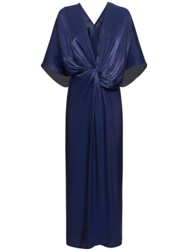 Costarellos: Roanna lurex georgette knot midi dress - Dark Blue - women_0 | Luisa Via Roma
