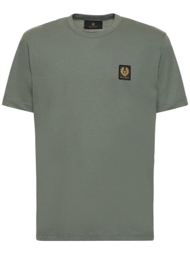 Belstaff: Camiseta de jersey de algodón con logo - Verde Azulado - men_0 | Luisa Via Roma