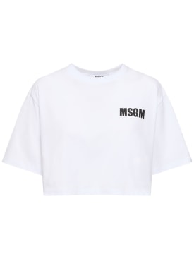MSGM: Camiseta corta de algodón - Blanco Óptico - women_0 | Luisa Via Roma