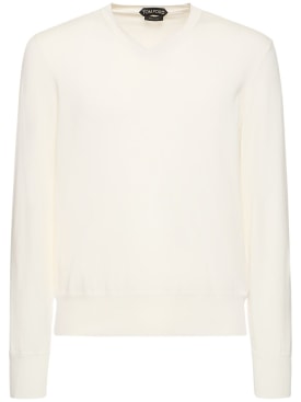 Tom Ford: Superfine cotton V neck sweater - Ivory - men_0 | Luisa Via Roma