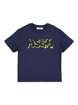 MSGM: 프린트 로고 코튼 저지 티셔츠 - 블루 - kids-boys_0 | Luisa Via Roma