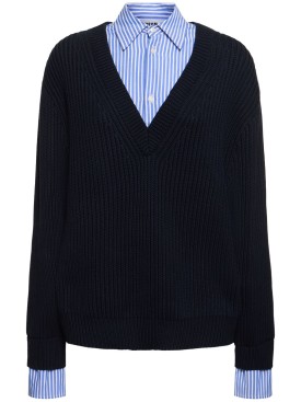 MSGM: Suéter de algodón con cuello en v - Azul - women_0 | Luisa Via Roma