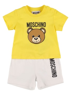 Moschino: Camiseta y shorts de jersey de algodón - Amarillo/Blanco - kids-boys_0 | Luisa Via Roma