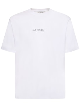 Lanvin: T-shirt oversize en coton à logo brodé - Blanc Optique - men_0 | Luisa Via Roma