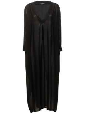 Balmain: Shiny jersey long v-neck kaftan dress - Black - women_0 | Luisa Via Roma