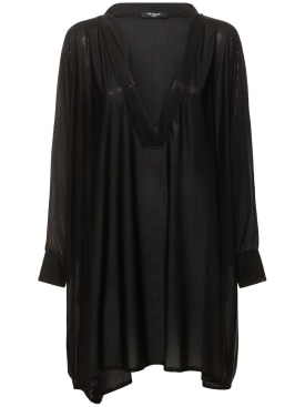 Balmain: Shiny jersey v-neck mini kaftan dress - Black - women_0 | Luisa Via Roma