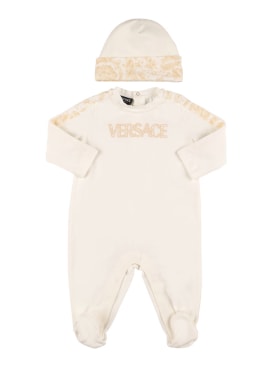 Versace: Pelele y gorrito de algodón jersey con manga larga - Blanco/Beige - kids-girls_0 | Luisa Via Roma