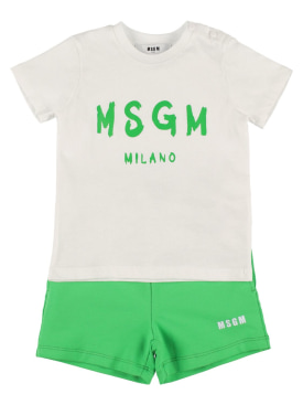 MSGM: T-shirt & short en jersey de coton - Blanc/Vert - kids-boys_0 | Luisa Via Roma