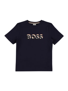 Boss: T-shirt in jersey di cotone con logo - Navy - kids-boys_0 | Luisa Via Roma