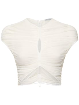 MUGLER: Crop top en mesh à manches courtes - Blanc - women_0 | Luisa Via Roma