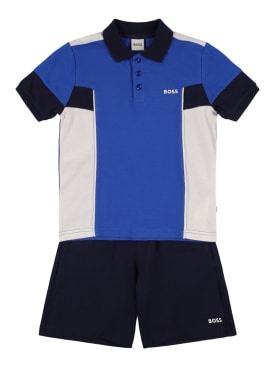 Boss: Polo in cotone piqué e shorts - Blu/Navy - kids-boys_0 | Luisa Via Roma