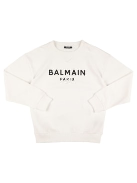 Balmain: Sweat-shirt à imprimé logo à col ras-du-cou - Blanc/Noir - kids-boys_0 | Luisa Via Roma