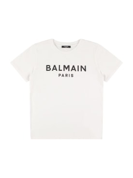 Balmain: T-Shirt aus Baumwolljersey mit Logo - Weiß/Schwarz - kids-boys_0 | Luisa Via Roma