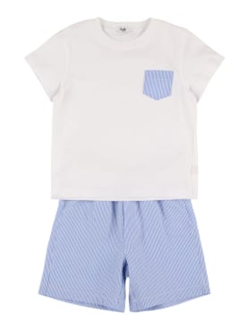Il Gufo: T-shirt en jersey de coton & short en seersucker - Blanc/Bleu - kids-boys_0 | Luisa Via Roma