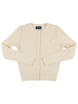 Ralph Lauren: Cardigan in maglia di cotone a trecce con logo - Bianco - kids-girls_0 | Luisa Via Roma