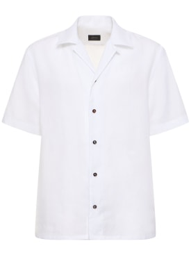 Brioni: Camisa de lino con manga corta - Blanco - men_0 | Luisa Via Roma