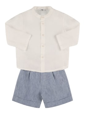 Il Gufo: Linen shirt & shorts - White/Blue - kids-boys_0 | Luisa Via Roma