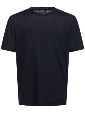Zegna: Pure linen jersey t-shirt - Navy - men_0 | Luisa Via Roma