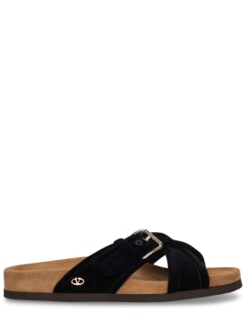 Valentino Garavani: 30mm Velvet slide sandals - Black/Tan - women_0 | Luisa Via Roma