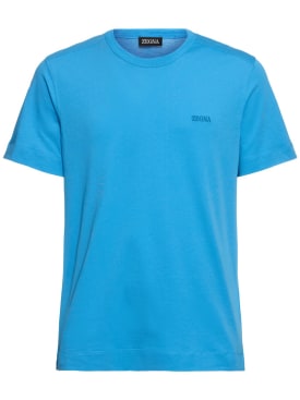 Zegna: T-shirt manches courtes en coton - Bleu - men_0 | Luisa Via Roma