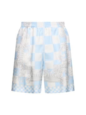 Versace: Shorts in twill di seta stampata - Pastel Blue - men_0 | Luisa Via Roma