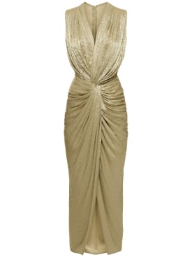 Costarellos: Franca lurex georgette twist midi dress - Olive Gold - women_0 | Luisa Via Roma