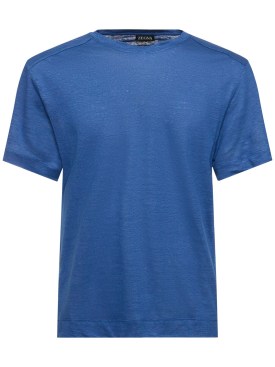 Zegna: T-shirt Pure in jersey di lino - Blu - men_0 | Luisa Via Roma