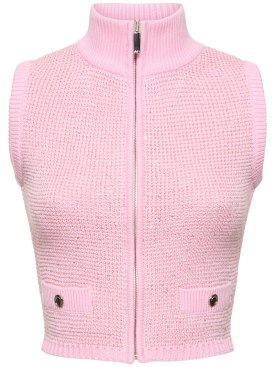 Alessandra Rich: High neck sequined knit vest w/zip - Pink - women_0 | Luisa Via Roma