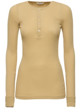 AURALEE: Buttoned cotton t-shirt - Khaki - women_0 | Luisa Via Roma