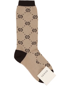 Gucci: Logo intarsia cotton blend knit socks - Beige/Brown - kids-boys_0 | Luisa Via Roma
