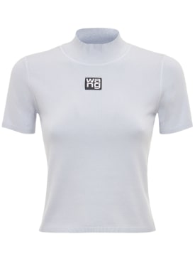 Alexander Wang: T-shirt in jersey stretch con logo - Celeste - women_0 | Luisa Via Roma