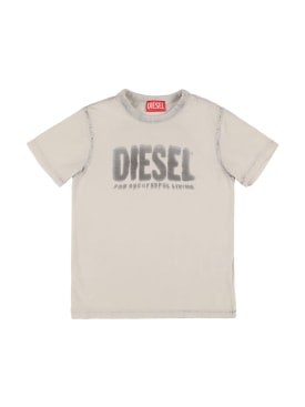 Diesel Kids: T-shirt en jersey de coton à imprimé logo - Blanc Cassé/Noir - kids-boys_0 | Luisa Via Roma