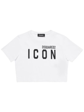 Dsquared2: T-shirt cropped in jersey con logo - Bianco - kids-girls_0 | Luisa Via Roma