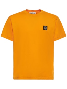 Stone Island: Logo棉质平纹针织T恤 - 橙色 - men_0 | Luisa Via Roma