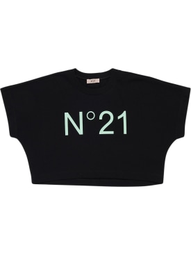 N°21: Camiseta corta de jersey de algodón con logo - Negro - kids-girls_0 | Luisa Via Roma